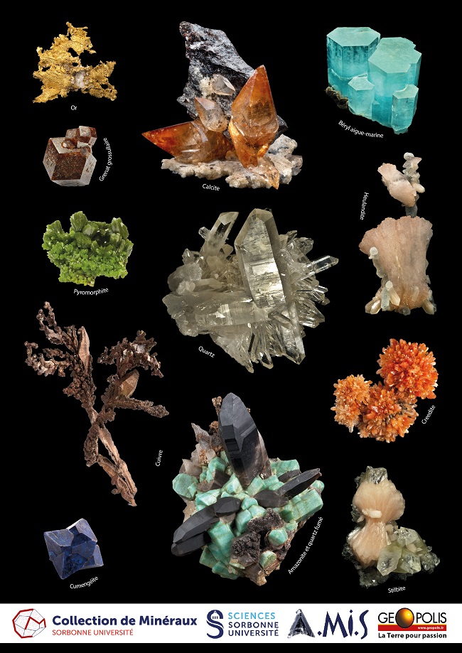 Planche de 12 autocollants de minéraux en partenariat avec la Collection de Minéraux de Sorbonne-université